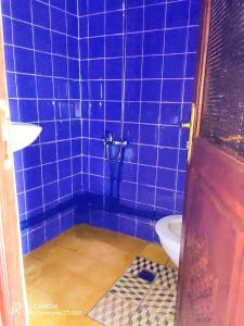 een blauwe betegelde badkamer met een toilet en een douche bij Dar Sakina in Chefchaouene