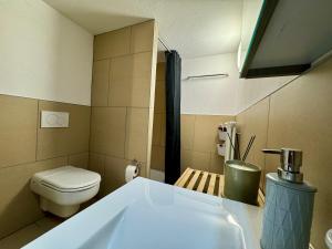 a small bathroom with a toilet and a sink at Michels Haus in Piotta