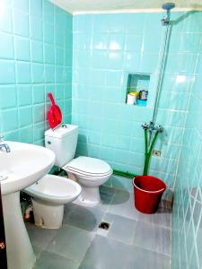 een blauw betegelde badkamer met een toilet en een wastafel bij Dar Sakina in Chefchaouene