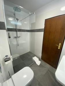 e bagno con doccia, servizi igienici e porta in legno. di Hotel Regina a Sankt Augustin