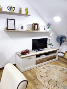 una sala de estar con TV de pantalla plana en un armario en 2 bedrooms house with city view enclosed garden and wifi at Vila Nova de Santo Andre, en Giz