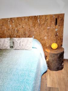 1 dormitorio con 1 cama con cabecero de madera en 2 bedrooms house with city view enclosed garden and wifi at Vila Nova de Santo Andre, en Giz