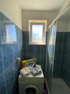 a small bathroom with a toilet and a window at Apartments TEA in Trebinje