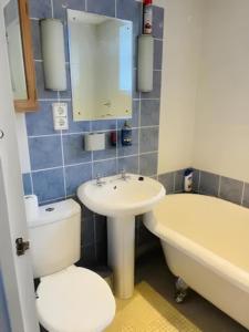 uma casa de banho com um WC, um lavatório e uma banheira em 1-Bedroom Flat in Islington! em Londres