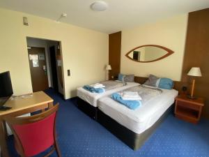 una camera d'albergo con letto e scrivania con computer di Hotel Regina a Sankt Augustin