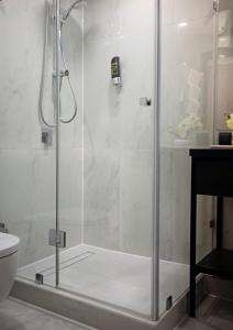 a shower with a glass door in a bathroom at Skyline Hotel City Frankfurt in Frankfurt/Main