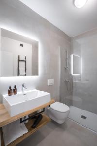 a bathroom with a sink and a toilet and a shower at Villa Stanga - Gardaslowemotion in Tenno