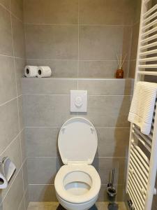 W pokoju znajduje się łazienka z białą toaletą. w obiekcie Appartement Boothuis w mieście Sneek