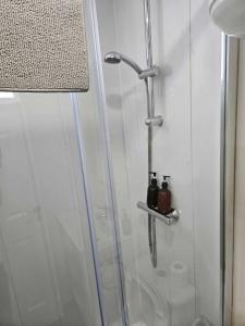 a shower in a bathroom with a glass shower stall at Habitación Callao in Madrid
