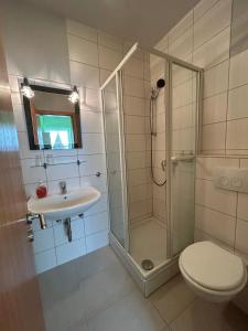 y baño con ducha, aseo y lavamanos. en Ferien und Freizeithof Engelau - Zi 3, en Giekau