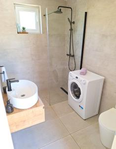 a bathroom with a washing machine and a sink at Stone house in vineyard in Račišće