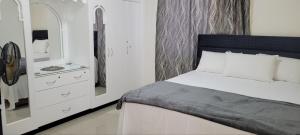 1 dormitorio con cama, tocador y espejo en Meadroad homestay &Tours, en Suva