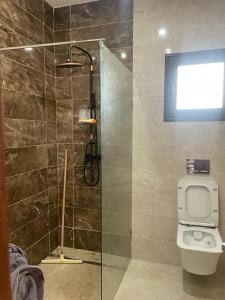 ein Bad mit einer Dusche, einem WC und einem Bildschirm in der Unterkunft Villa mima in Houmt Souk