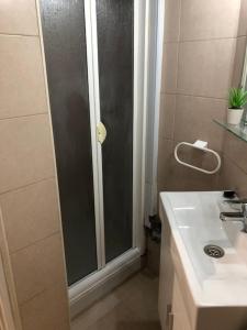 una ducha con una puerta de cristal junto a un lavabo en Estudio en calle Canarias, zona Atocha - Delicias, en Madrid