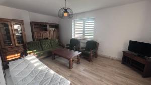 ein Wohnzimmer mit einem Sofa, Stühlen und einem TV in der Unterkunft Sweet Home Sanok 2 in Sanok