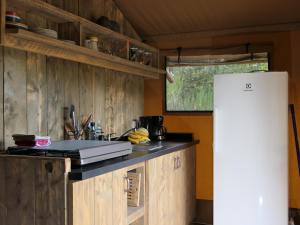 cocina con armarios de madera y nevera blanca en La Grisonne - Chalet 3, en Revest-du-Bion