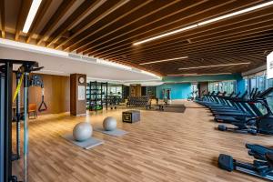 a gym with rows of treadmills and exercise equipment at Hilton Garden Inn Huzhou High-Speed Railway Station in Huzhou