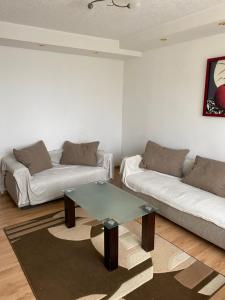 een woonkamer met 2 banken en een salontafel bij Apartament w centrum Suwałk in Suwałki
