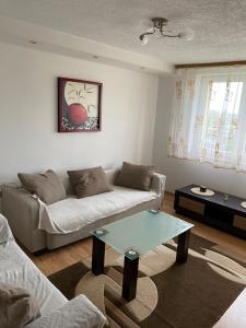 een woonkamer met een bank en een salontafel bij Apartament w centrum Suwałk in Suwałki