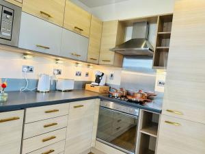 cocina con ollas y sartenes en una estufa en Stylish Zone 2 city Apartment, en Londres