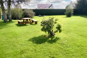 ein Picknicktisch und ein Busch im Hof in der Unterkunft Maison de 3 chambres avec jardin clos et wifi a Ecrainville in Écrainville