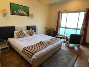 a bedroom with a large bed and a large window at Hotel De Regency in Pelling