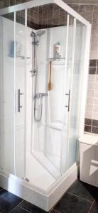 eine Dusche mit Glastür im Bad in der Unterkunft Maison de 3 chambres avec jardin clos et wifi a Ecrainville in Écrainville