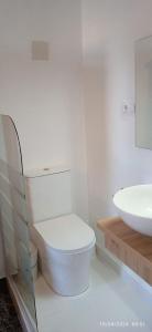 a white bathroom with a toilet and a sink at Habitaciones y Suite. UPV, UV y Playa in Valencia