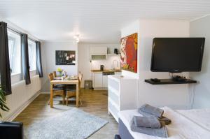 a living room with a tv and a kitchen at Ferienwohnung am See in Detern