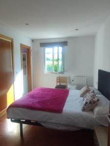1 dormitorio con 1 cama grande con manta morada en Alojamiento PLAYA DE PANTIN, en A Coruña
