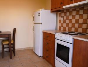 een keuken met een witte koelkast en een tafel bij Remenata in Lixouri