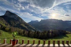 a potted plant sitting on a wooden table with mountains at Le balcon des Entremonts in Saint-Pierre-dʼEntremont