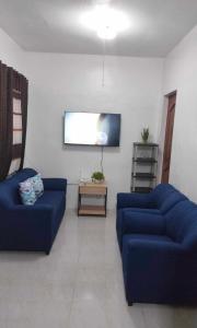 ein Wohnzimmer mit 2 blauen Sofas und einem Flachbild-TV in der Unterkunft DAVAO Transient House 2 in Davao City