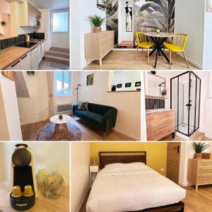 un collage de photos d'une chambre et d'un salon dans l'établissement Selva - Studio cosy et chaleureux, à Saran
