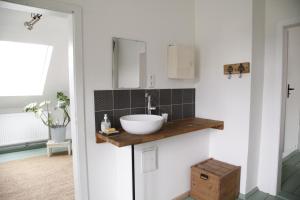 uma casa de banho com um lavatório e um espelho em Grüne Villa em Bad Brambach