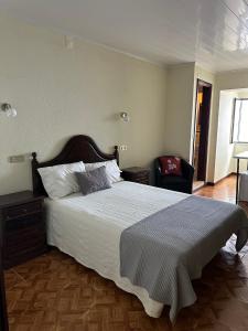 a bedroom with a large bed and a chair at Casa Rainha Dª Amélia in Termas de Sao Pedro do Sul