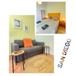 une chambre d'hôtel avec un lit et un canapé dans l'établissement California Dream Inn, à Aljezur