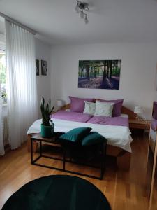 ein Schlafzimmer mit einem großen Bett mit lila Kissen in der Unterkunft Ferienwohnung Sartorius in Bensheim