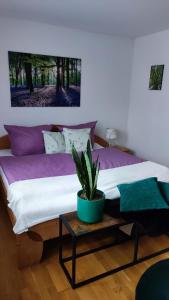 ein Schlafzimmer mit einem großen Bett und einer Topfpflanze in der Unterkunft Ferienwohnung Sartorius in Bensheim
