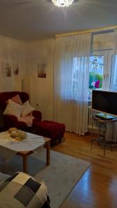 ein Wohnzimmer mit einem Sofa und einem Tisch in der Unterkunft Ferienwohnung Sartorius in Bensheim