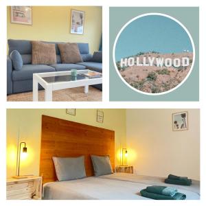 two pictures of a hotel room with a bed and a couch at California Dream Inn in Aljezur