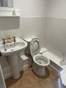 La salle de bains blanche est pourvue de toilettes et d'un lavabo. dans l'établissement Apple Tree Lodge, à Bridlington