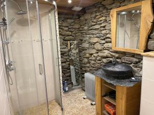 ein Steinbad mit Waschbecken und Dusche in der Unterkunft Grange rénovée, Pyrénées Ariégeoises, Gîte haute Ariège in Auzat + 19 Fotos