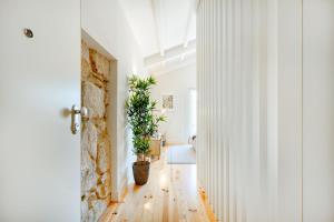 un corridoio con pareti bianche e una porta con piante di Porto Downtown Studio with Balcony a Porto