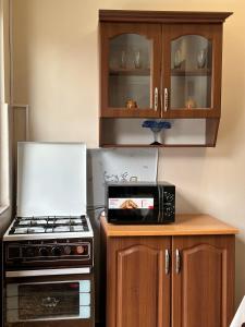 a kitchen with a stove and a microwave at Meshia Apartment in Stepantsminda