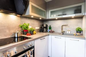 a kitchen with white cabinets and a sink at Birkenstraße 6 Haus II Whg6 in Zingst
