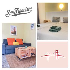 a collage of three pictures of a bedroom and a bed at California Dream Inn in Aljezur