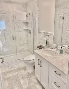 een badkamer met een toilet, een wastafel en een douche bij 437-Newly Renovated Lux Apt w Gym and Courtyard in Hoboken