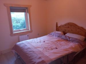 een slaapkamer met een groot bed en een raam bij Kilcavan Chalet in Gorey