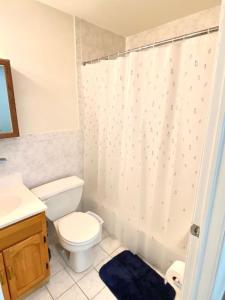 Un baño con inodoro y cortina de ducha en 118-1 GB Internet Great Summer 2 Bed 2 Bath Stay, en Hoboken